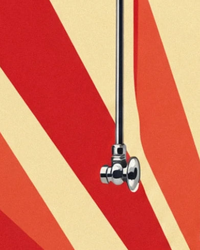 The vertical chrome pipe and its oval-handled tap against a red and cream background