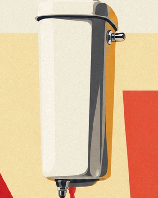 The tall white cistern with its chrome handle on the side