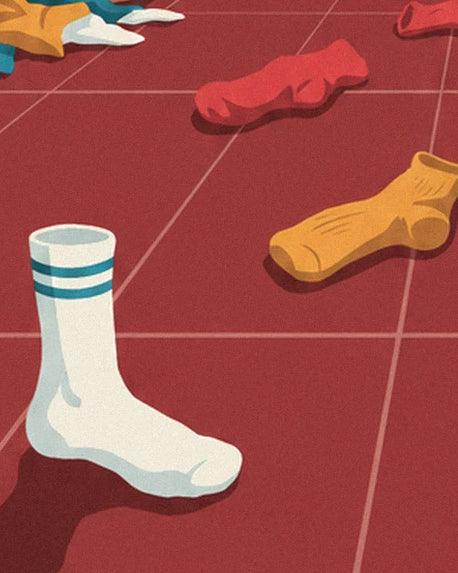 La chaussette blanche à bandes bleues dressée parmi les chaussettes jaune et rouges