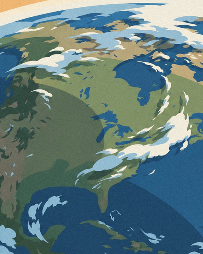 Earth with green continents, blue oceans and drifting white clouds