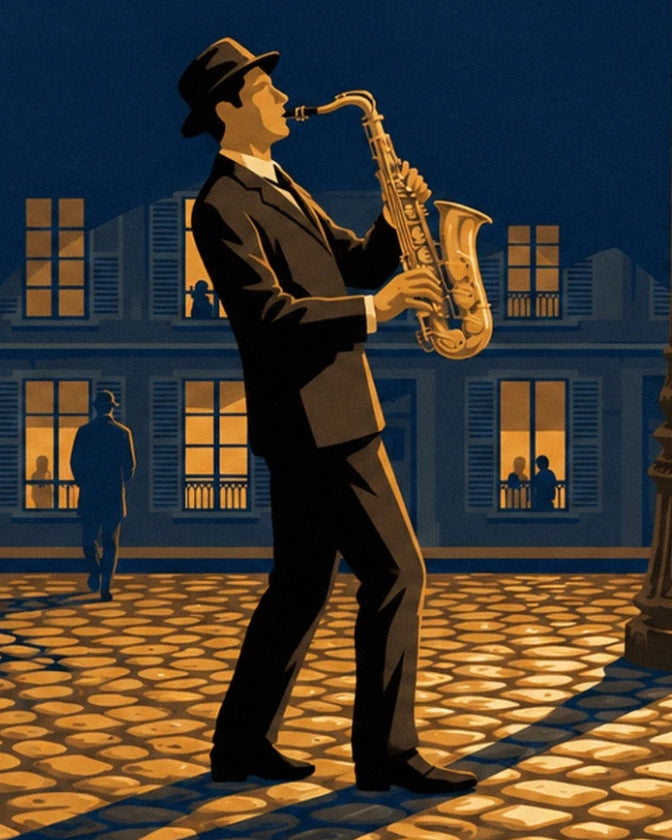The saxophonist in a black suit with his golden saxophone in front of lit windows