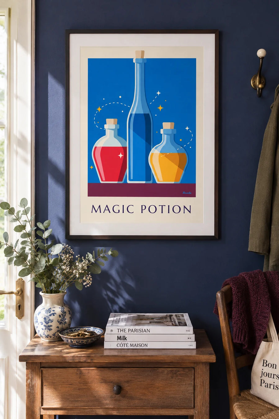Magic potion poster with glass bottles on a shelf: framed on the wall