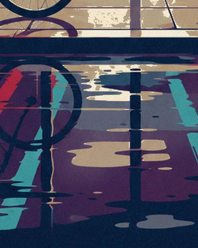 Turquoise and purple neon reflections in the puddles beside the bicycle wheel
