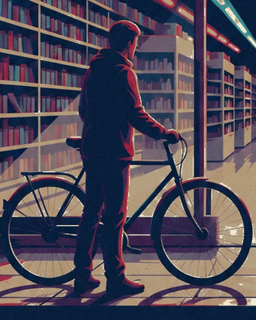 A man in dark clothes with his bicycle in front of the video shop's lit shelves