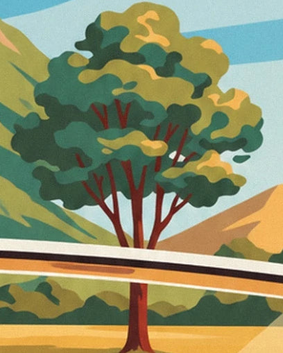 A tree with green and golden foliage crossed by the chrome windscreen frame