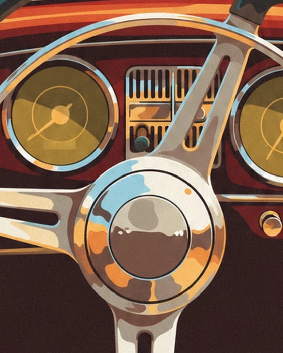 The 3-spoke chrome steering wheel in front of the golden dashboard dials