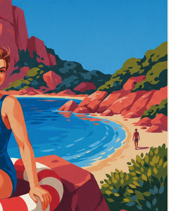 The golden sandy cove and its turquoise water, with a bather walking along the beach