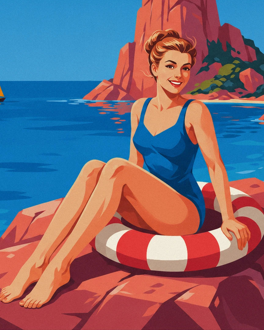 The pin-up in a blue swimsuit sitting on her red and white rubber ring on the red rocks