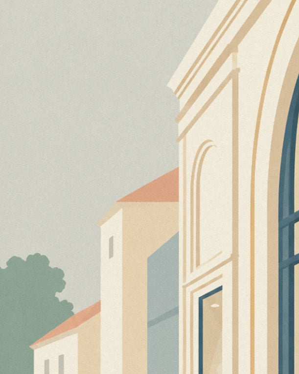 A cream façade with a carved pediment, small houses with salmon roofs and a green tree