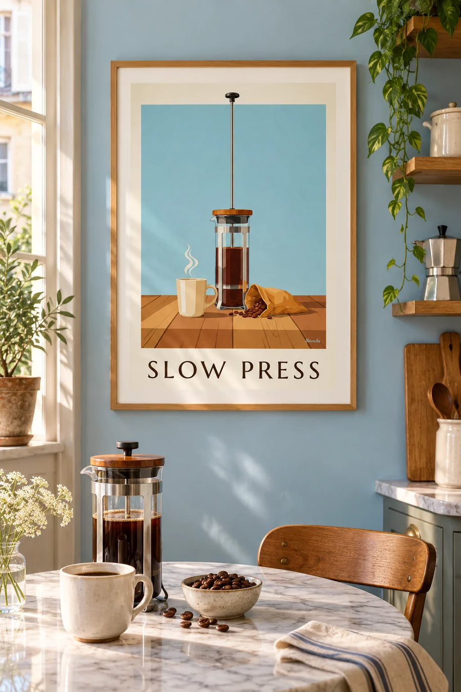 Affiche cafetière à piston sur une table en bois rustique : encadrée au mur