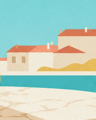 The pale houses with orange roofs beside the turquoise water