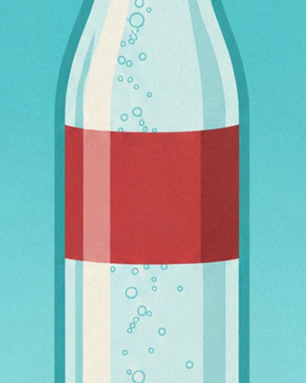The bottle with fine bubbles and a broad red label against a turquoise background