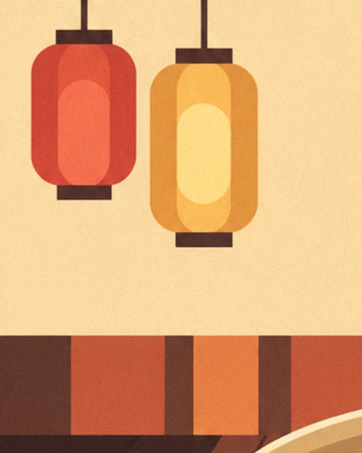 The 2 hanging lanterns, one coral red and the other amber yellow, against the cream wall