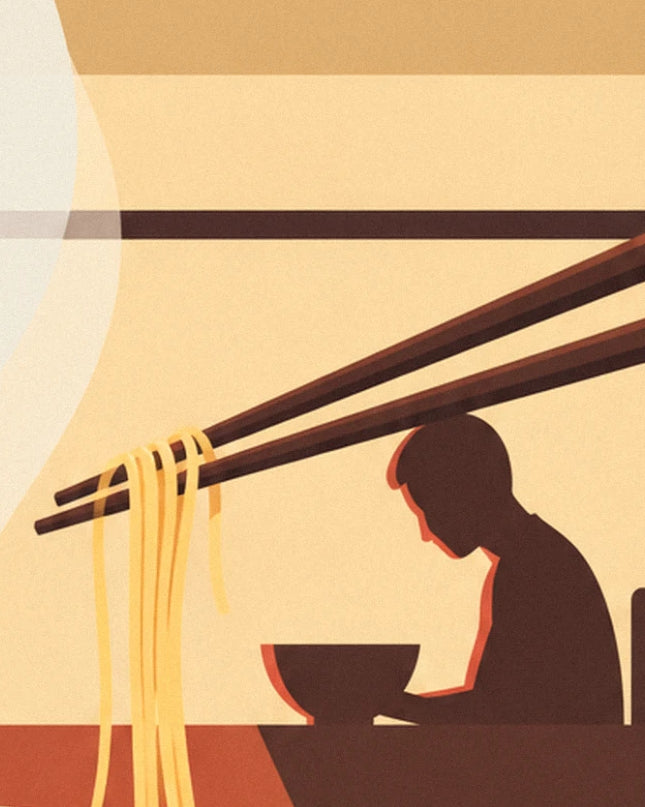 Chopsticks lifting noodles opposite the silhouette of a customer seated at a table with a bowl