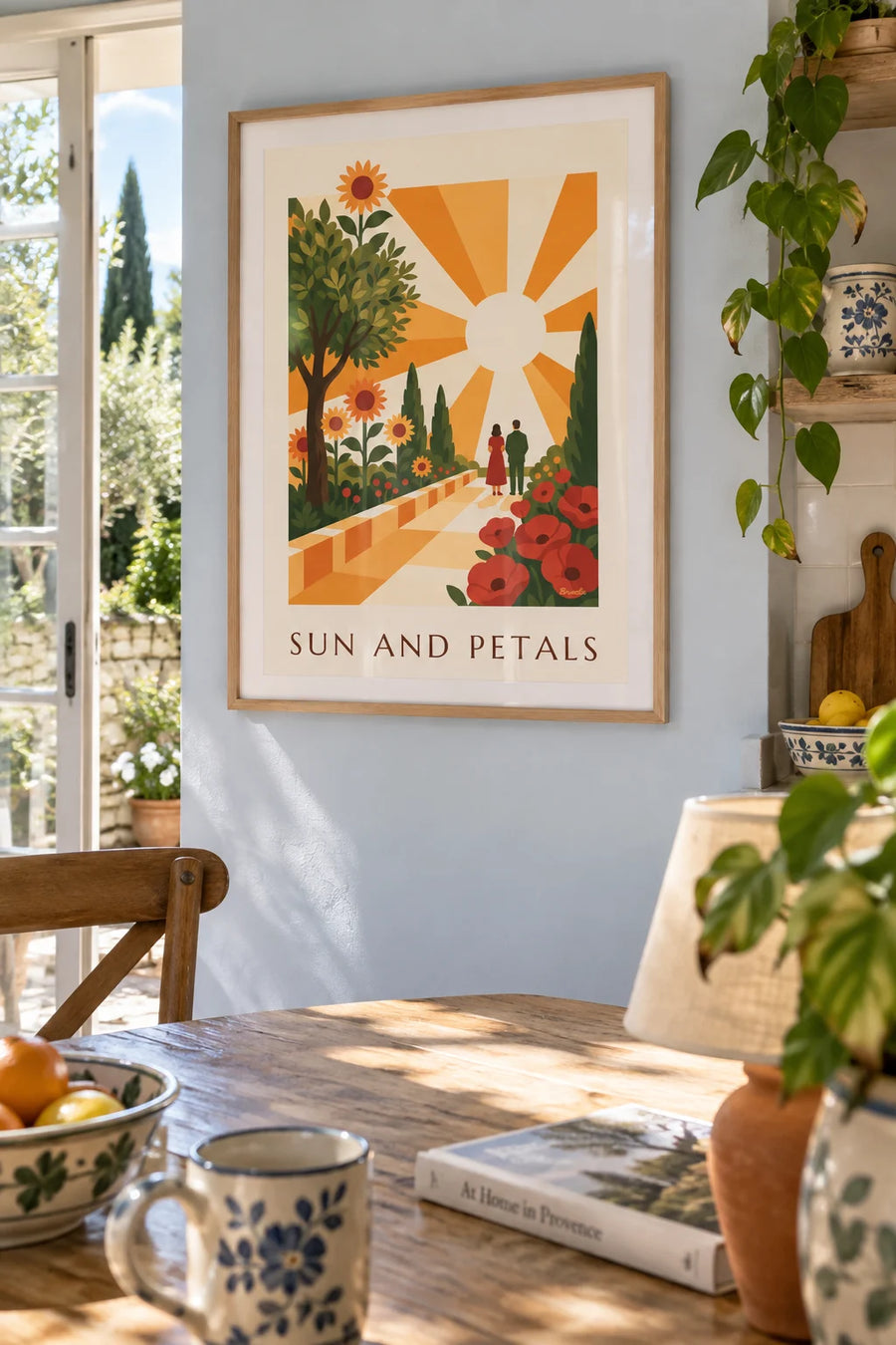 Poster of a radiant sun and stylized geometric flowers: framed on the wall