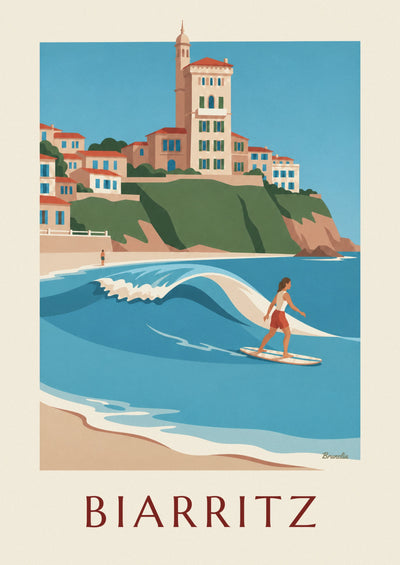 Affiche longboardeuse à la Côte des Basques de Biarritz : l'affiche entière