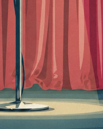 Le pied de micro dans le cercle de lumière, au bas du rideau rouge