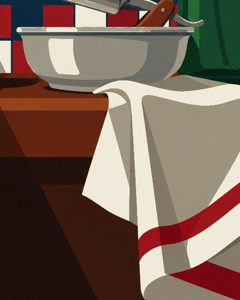 Straight razor, shaving brush and aftershave bottle poster: close-up detail