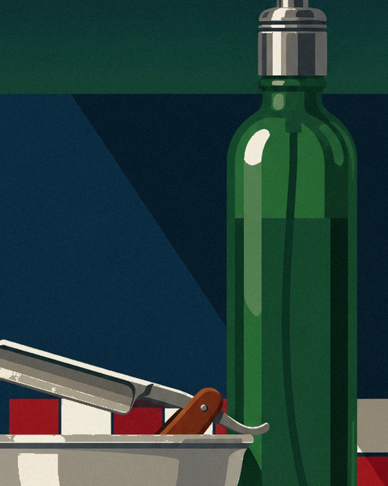Straight razor, shaving brush and aftershave bottle poster: close-up detail