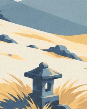 Une lanterne de pierre bleu sombre parmi les herbes dorées et les rochers