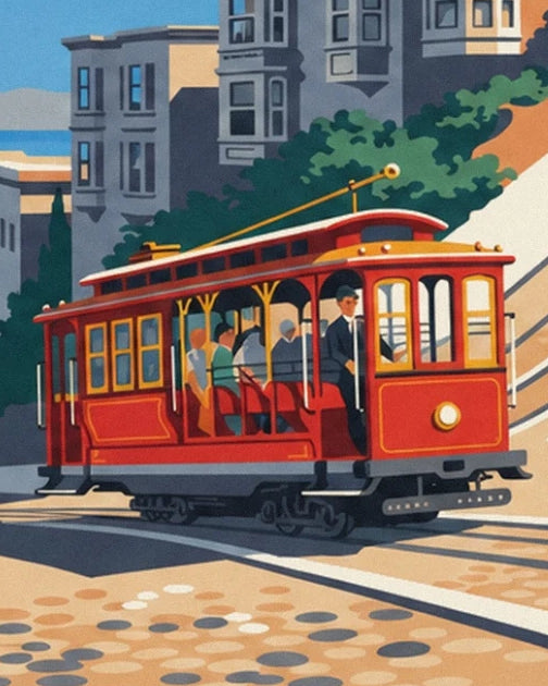 The red and yellow tram, its seated passengers and uniformed driver