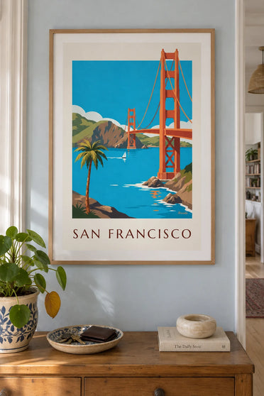 Plakát s mostem Golden Gate v San Franciscu: v rámu na zdi