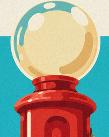 The globe with cream and turquoise reflections on the red petrol pump
