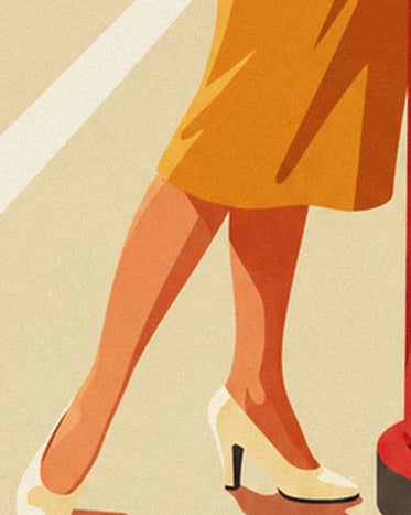 The crossed legs of the pin-up in an orange skirt and cream heels