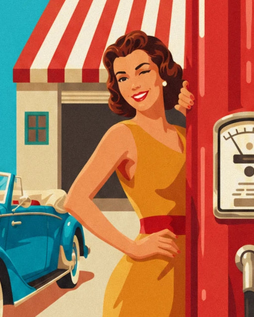 The winking pin-up in a yellow dress beside the red petrol pump and blue convertible