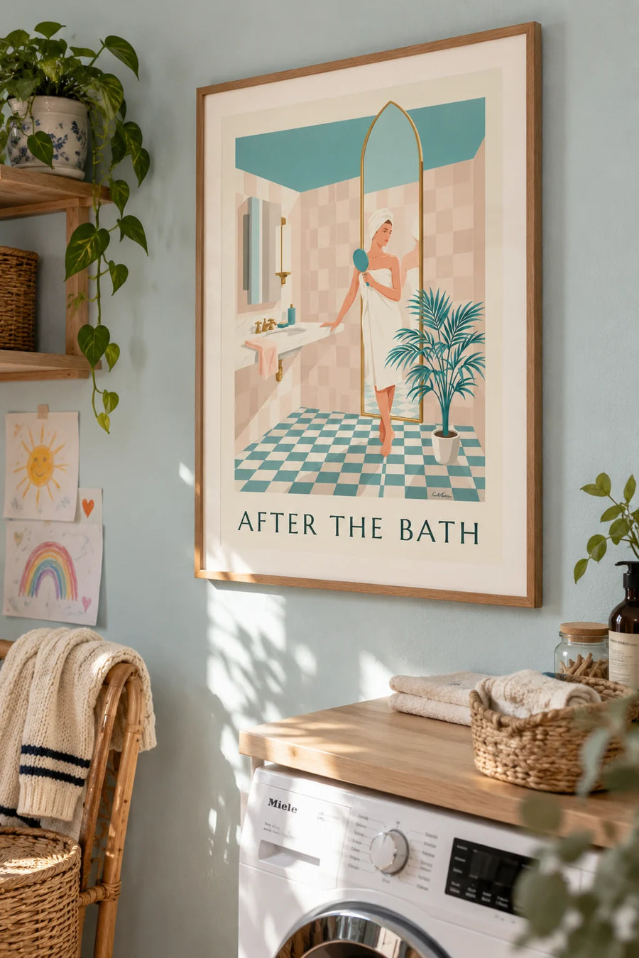 Poster of a woman wrapped in a bath towel: framed on the wall