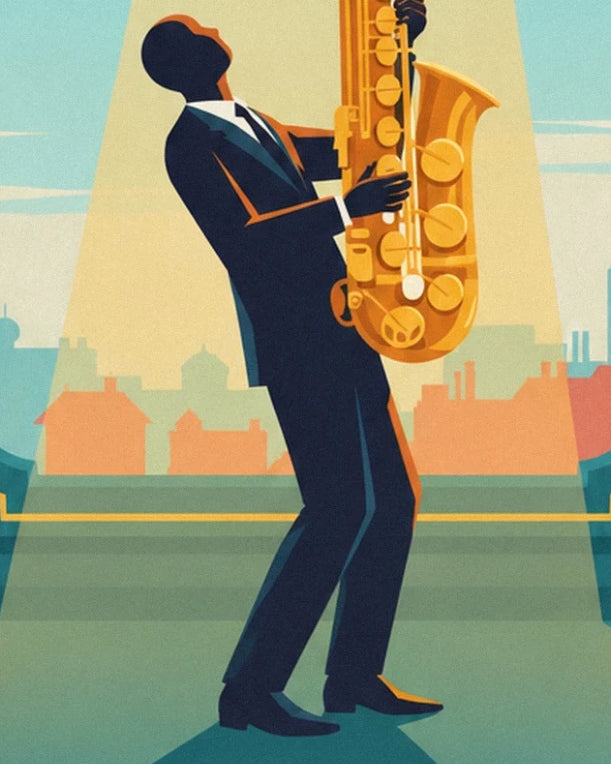 Le saxophoniste en costume sombre et son instrument doré sous la lumière jaune