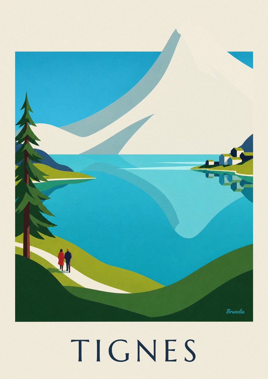 Tignes lake and snowy Grande Motte peaks poster