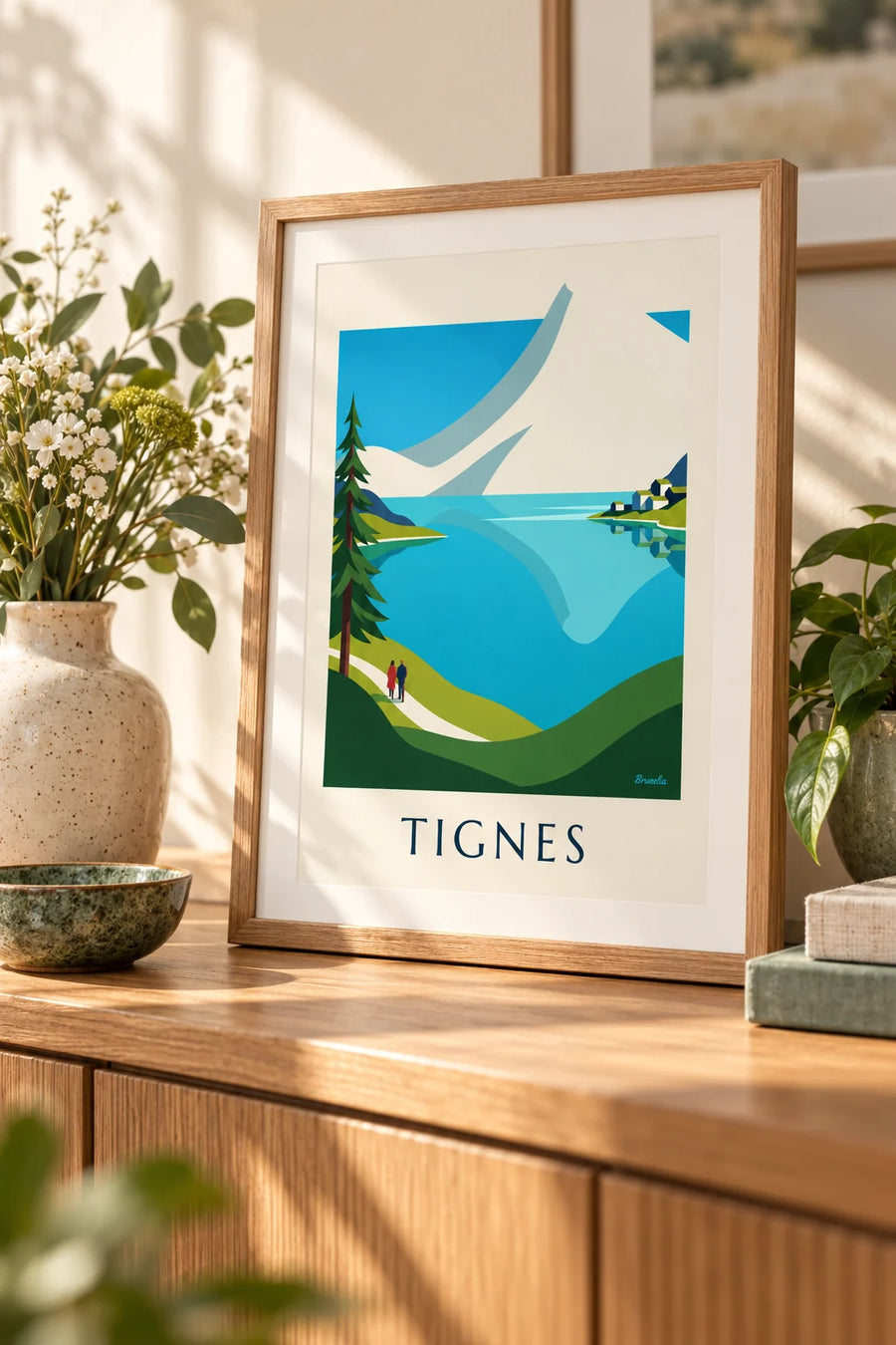 Plakát jezero Tignes a zasněžené vrcholy Grande Motte: malý formát A4 v rámu