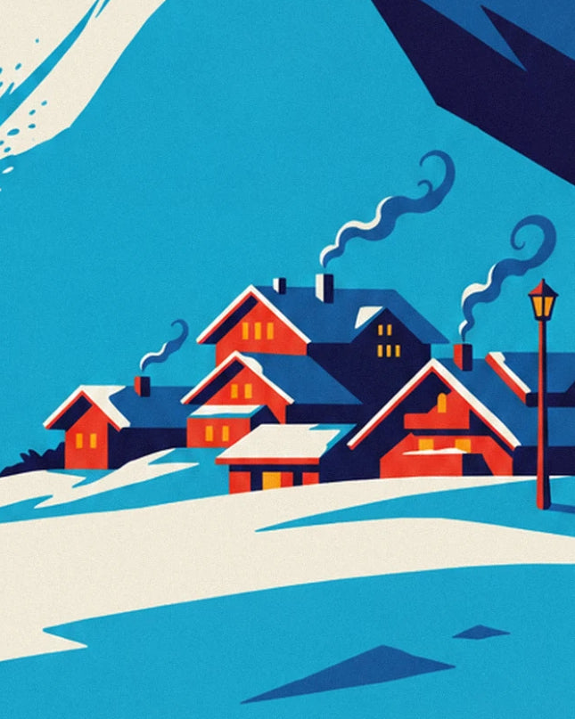 Red chalets with glowing windows, smoking chimneys and a street lamp beneath the mountain