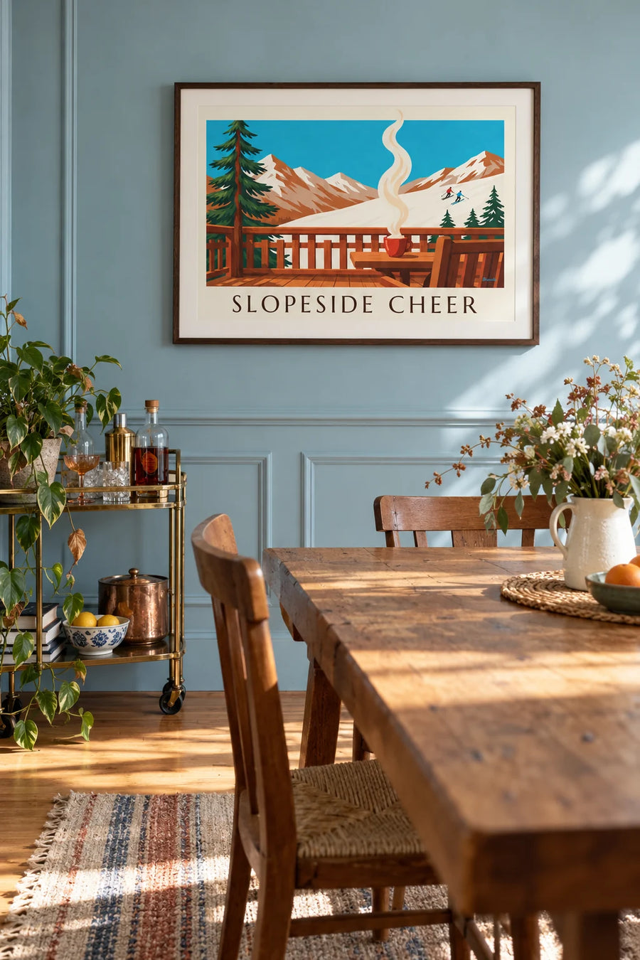 Poster of hot chocolate on a terrace at the foot of the slopes: framed on the wall
