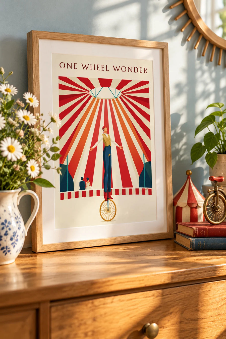 Poster of an acrobat on a unicycle under the circus big top: small A4 framed size