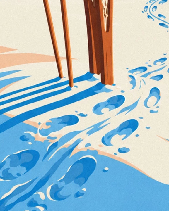 The blue-tinted footprints in the snow beside the snowshoes and wooden poles