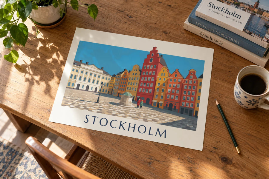 Plakát barevných fasád na náměstí Stortorget ve Starém Městě Gamla stan ve Stockholmu: položený na stole