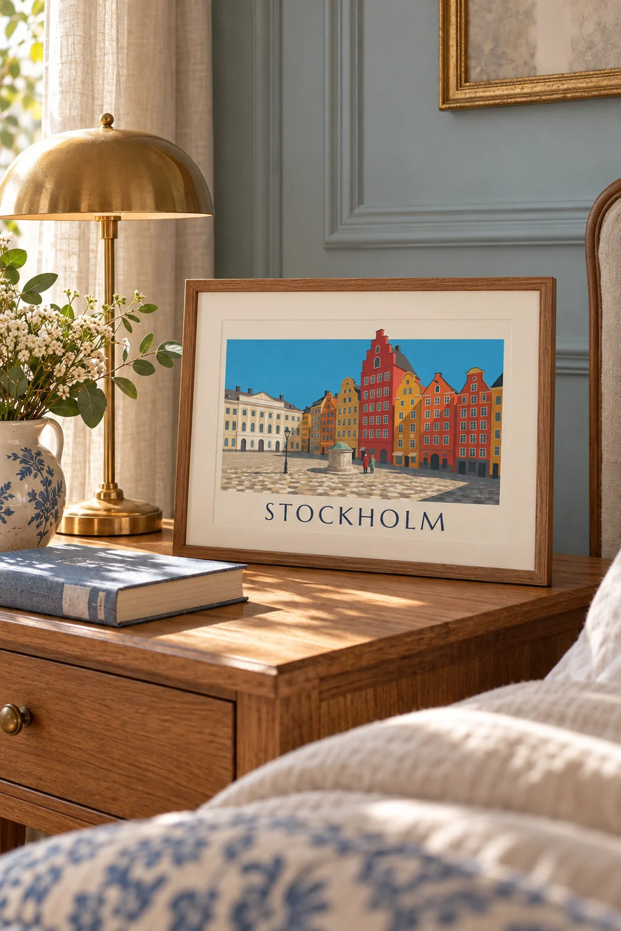 Plakát barevná průčelí domů na náměstí Stortorget ve Gamla stan ve Stockholmu: malý formát A4 v rámu