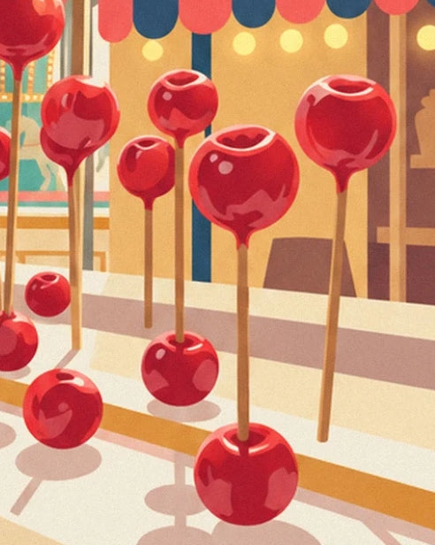 The red toffee apples on long sticks in front of the stall with yellow lights