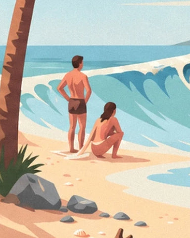 Les 2 personnages face aux vagues, entre sable doré et rochers gris