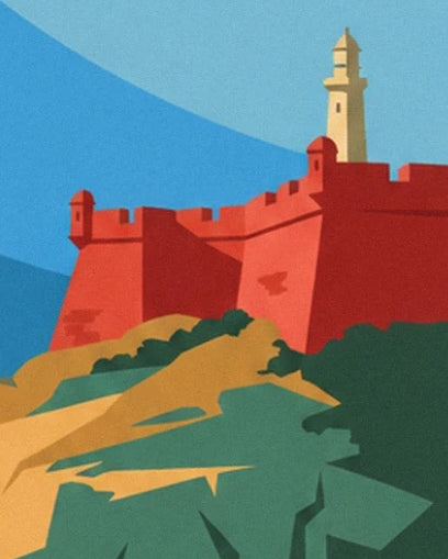 The red fort of Nazaré and its yellow lighthouse above ochre and green rocks