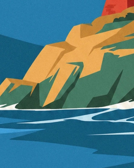 The ochre and green rocks of Nazaré overlooking the blue ocean streaked with white foam
