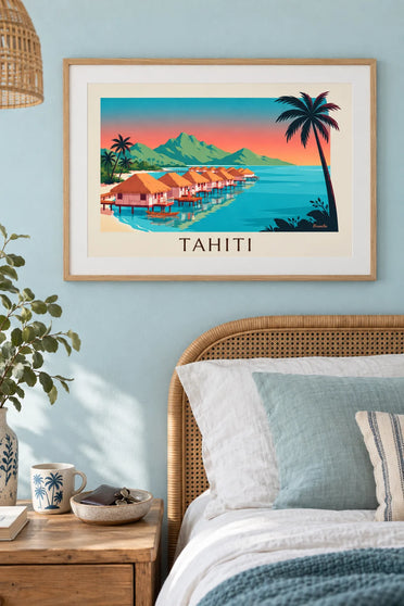Plakát bungalovy na kůlech na Tahiti při západu slunce: zarámovaný na zdi