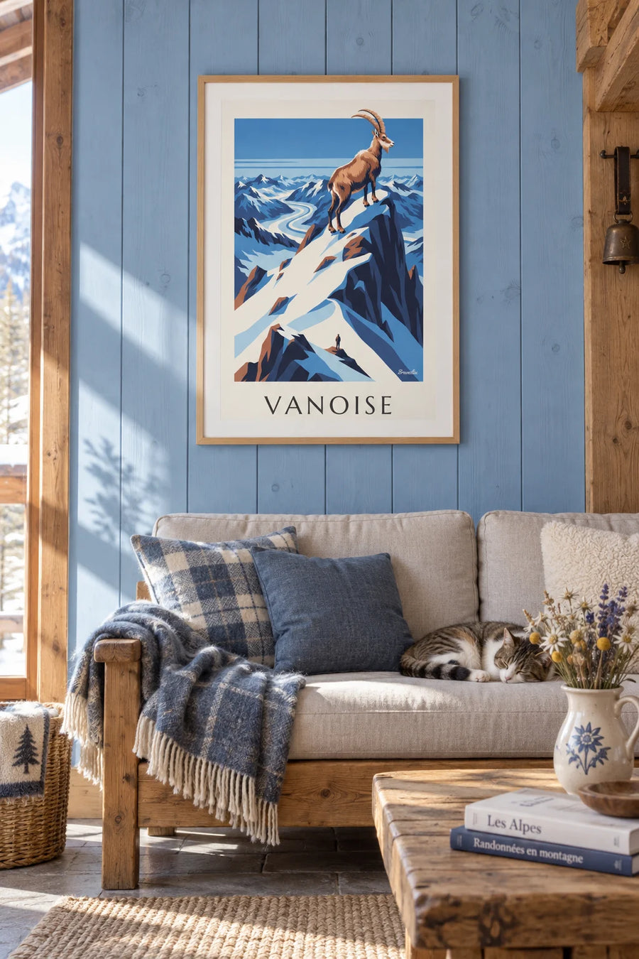 Poster of an ibex on a snowy peak in the Vanoise: framed on the wall