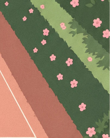 The green hedge dotted with pink flowers beside the clay court
