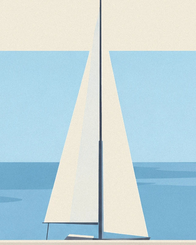 The white sails and dark mast of a sailing boat on the blue sea