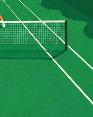 The net and its shadow on the green grass, crossed by the white court lines