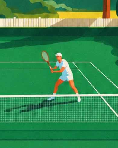 The player in white facing the net, with his legs apart and racket in front of him