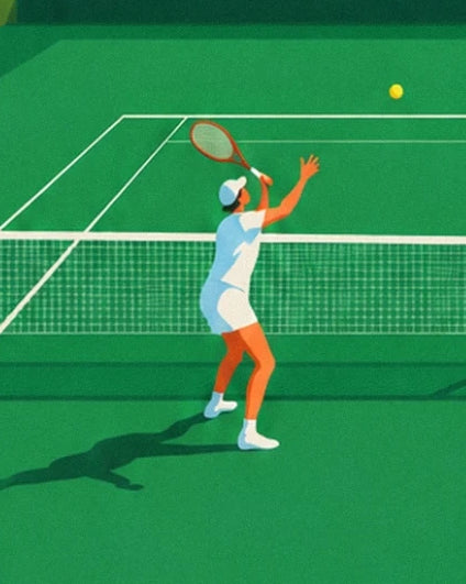 The player in white with his racket raised towards the yellow ball on the grass court